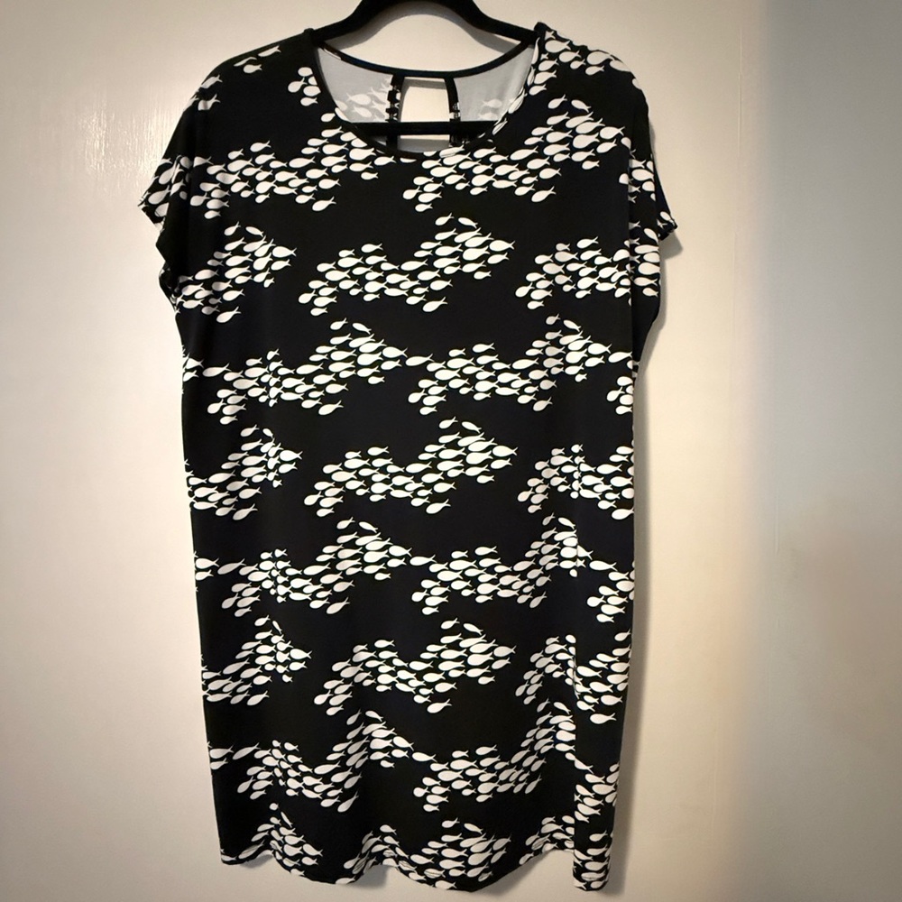 Fighting Eel Black & White Fish Print Dress Adrien – XS, NWT